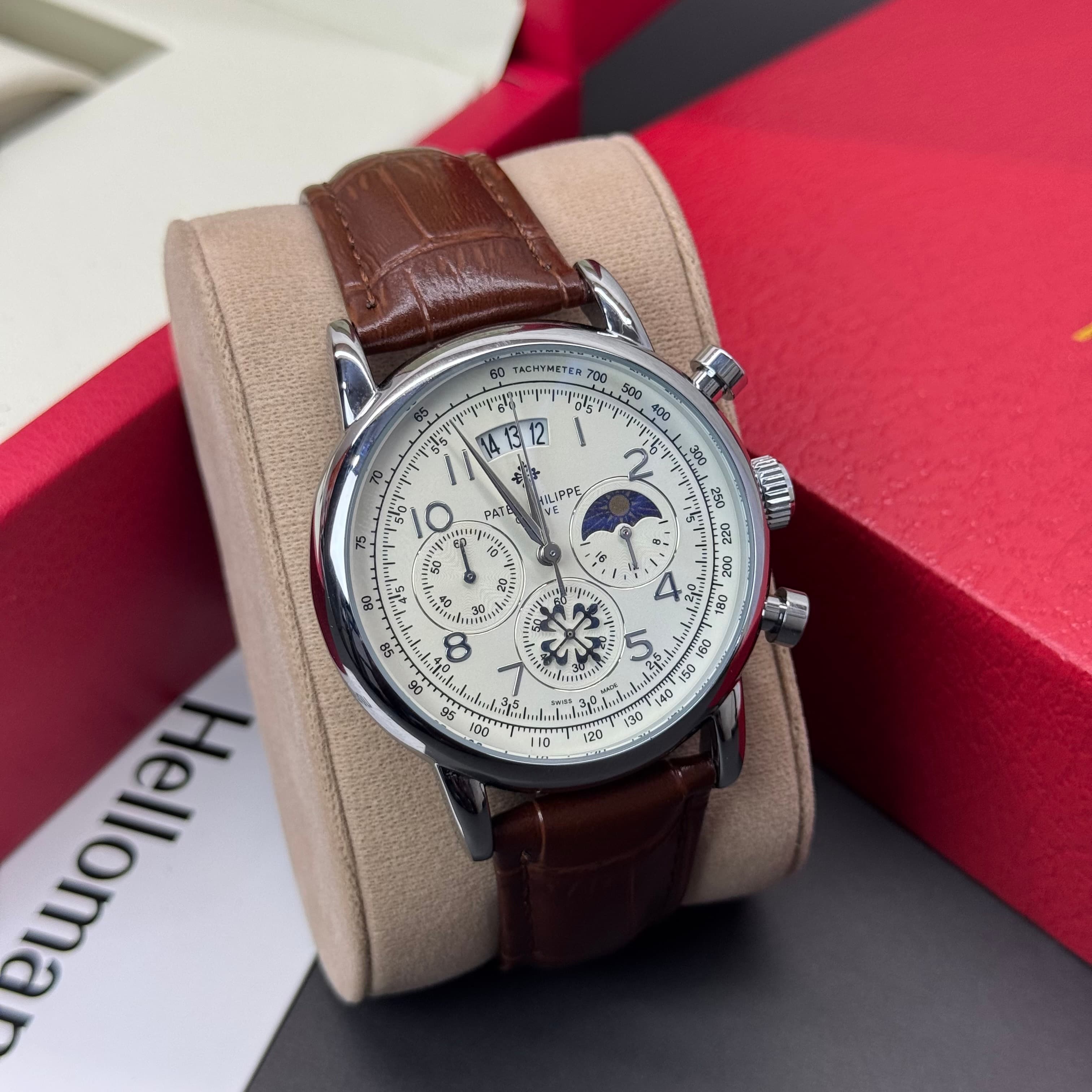 Triple Date Patek Philippe Leather Quartz Men’s Watch.