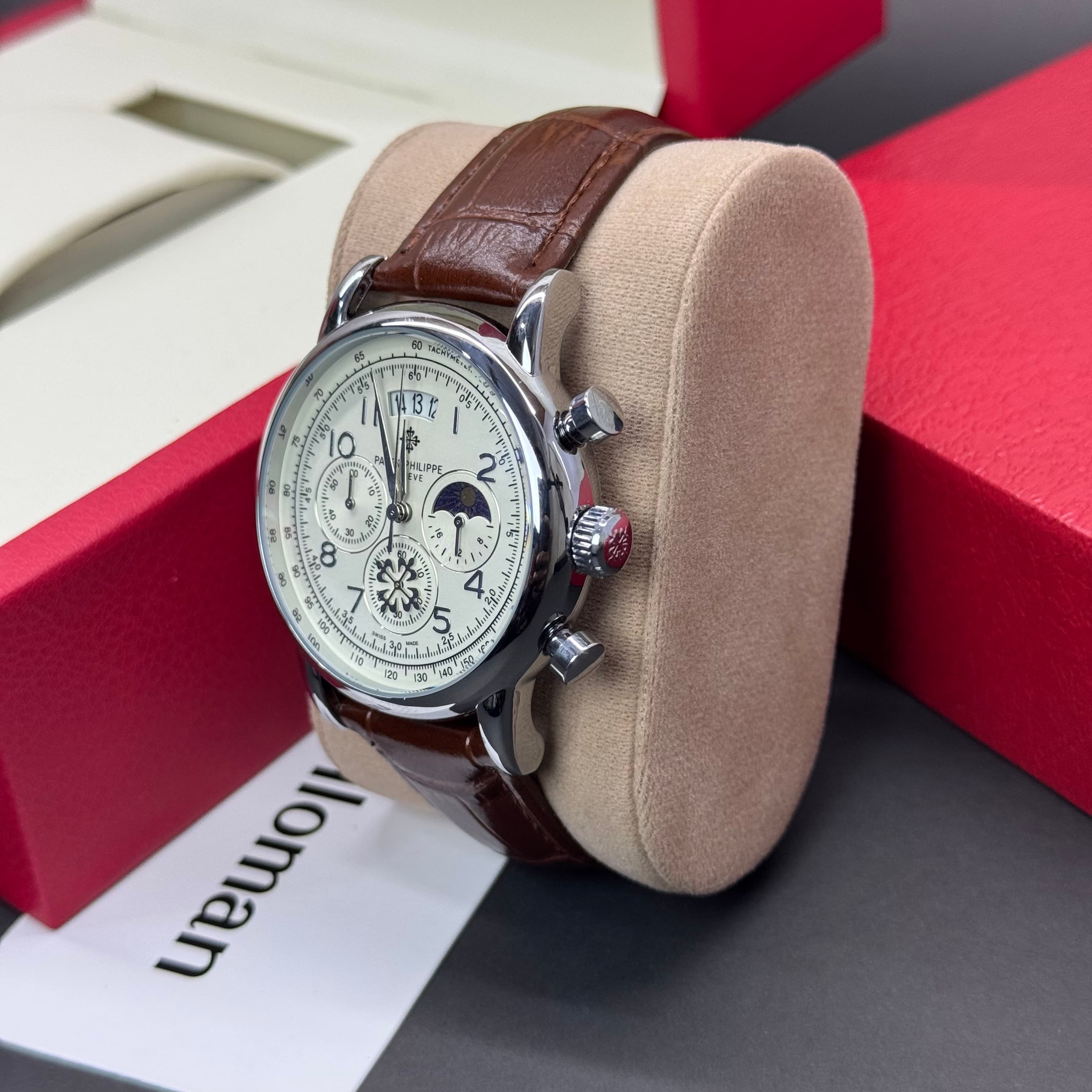 Triple Date Patek Philippe Leather Quartz Men’s Watch.